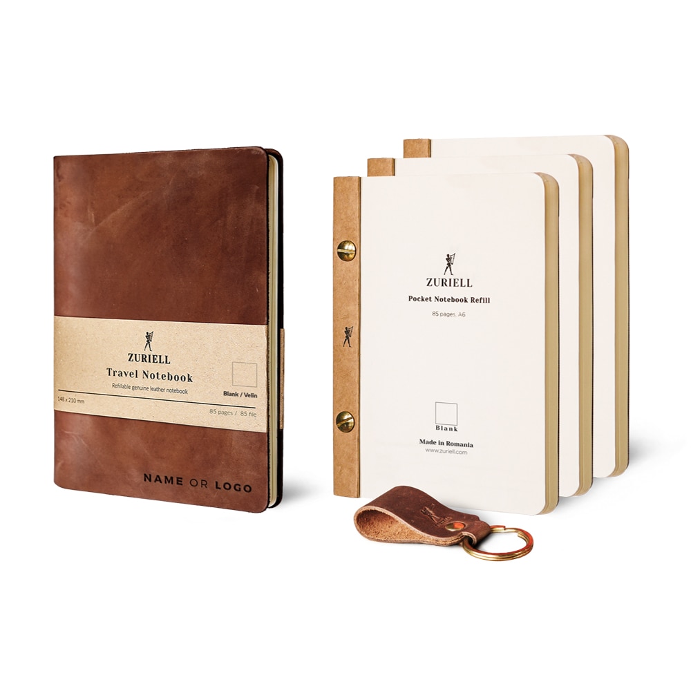 Set Agenda Din Piele Maro, Zuriell Guru A6, Personalizata, Reutilizabila, 3 Rezerve, 1 Breloc - Velin