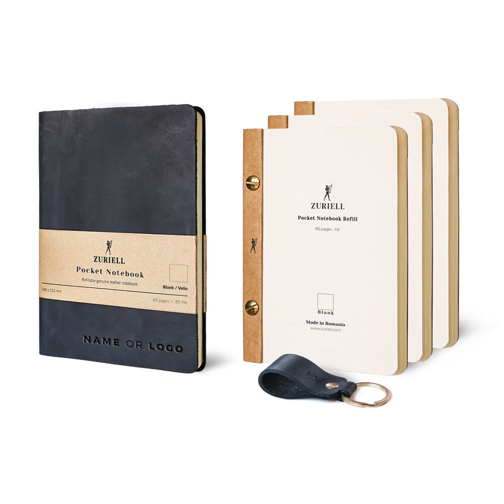 Set Agenda Din Piele Neagra, Zuriell Guru A6, Personalizata, Reutilizabila, 3 Rezerve, 1 Breloc - Velin