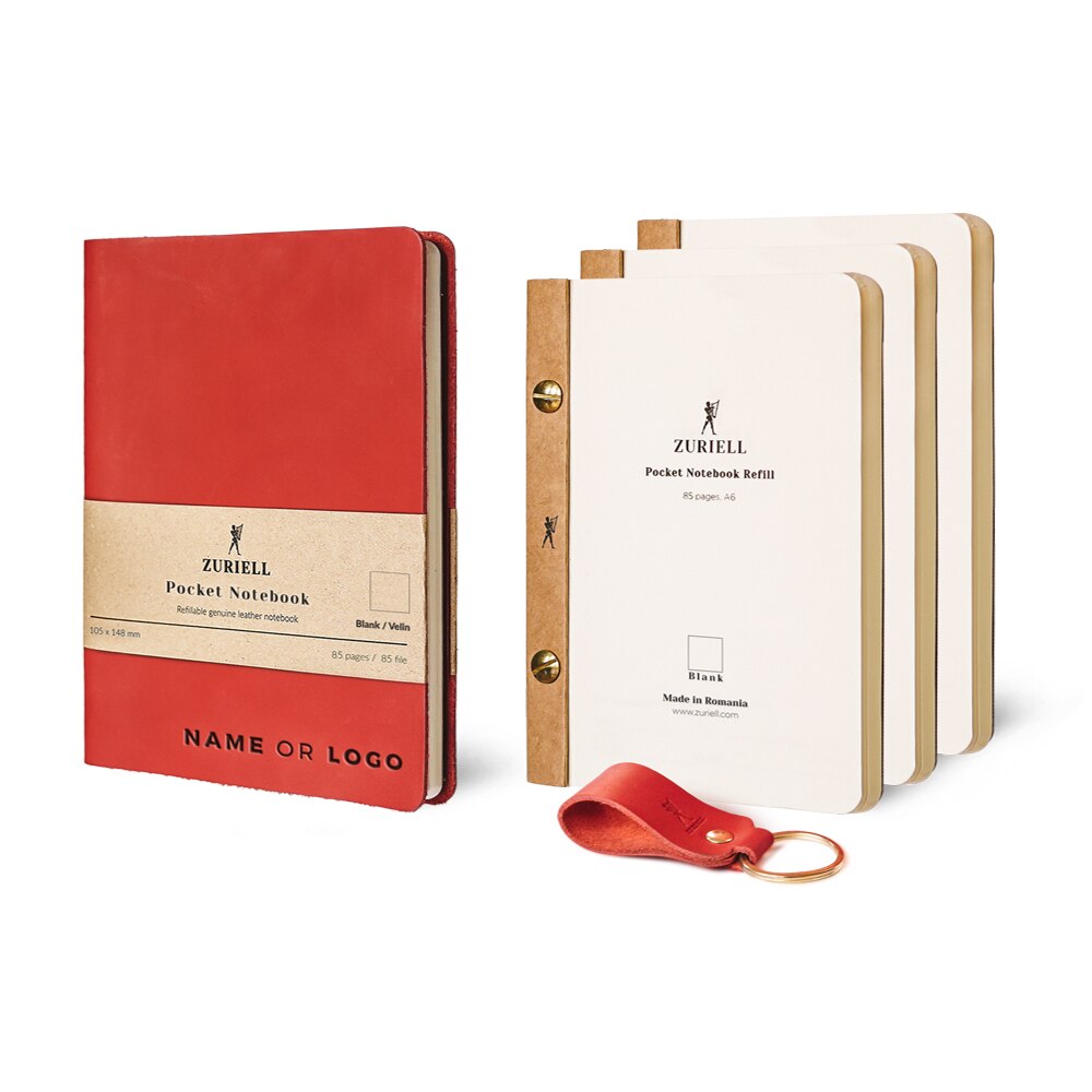 Set Agenda Din Piele Rosie, Zuriell Guru A6, Personalizata, Reutilizabila, 3 Rezerve, 1 Breloc - Velin