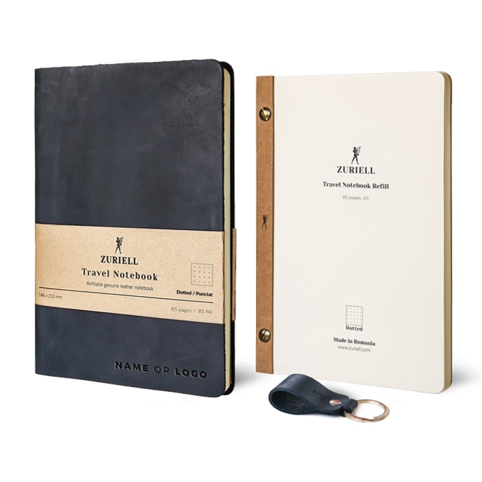 Set Agenda Din Piele Neagra, Zuriell Starter A5, Personalizata, Reutilizabila, 1 Rezerva, 1 Breloc - Punctat