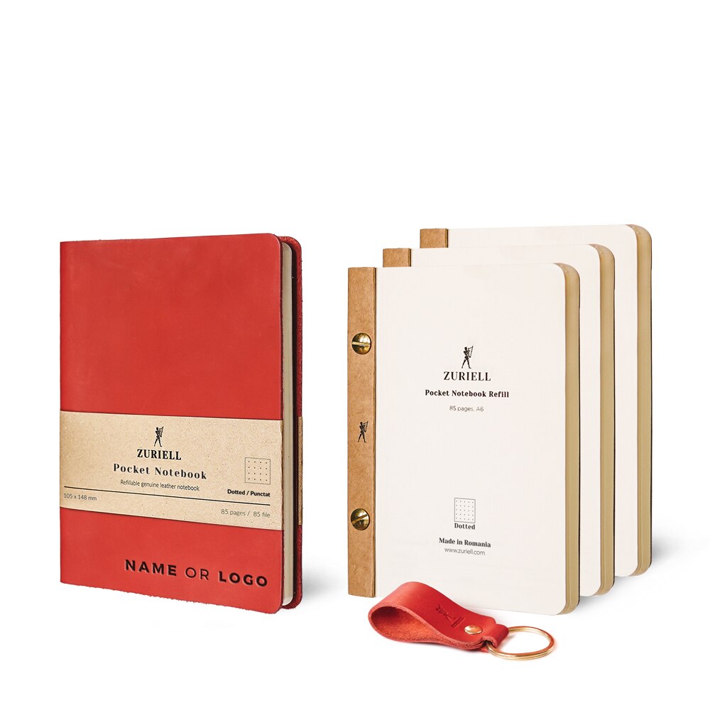Set Agenda Din Piele Rosie, Zuriell Guru A6, Personalizata, Reutilizabila, 3 Rezerve, 1 Breloc - Punctat