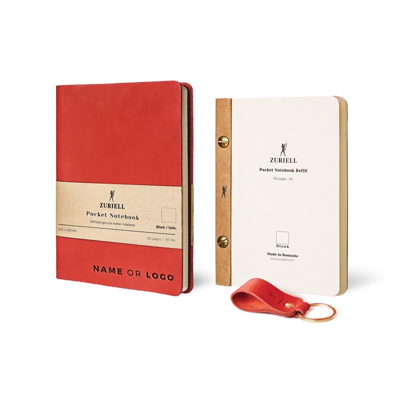 Set Agenda Din Piele Rosie, Zuriell Starter A6, Personalizata, Reutilizabila, 1 Rezerva, 1 Breloc - Velin