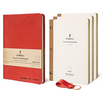 Set Agenda Din Piele Rosie, Zuriell Guru A5, Personalizata, Reutilizabila, 3 Rezerve, 1 Breloc - Punctat Set Agenda Din Piele Rosie, Zuriell Guru A5, Personalizata, Reutilizabila, 3 Rezerve, 1 Breloc - Punctat