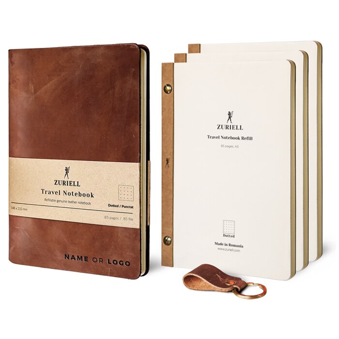 Set Agenda Din Piele Maro, Zuriell Guru A5, Personalizata, Reutilizabila, 3 Rezerve, 1 Breloc - Punctat