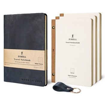 Set Agenda Din Piele Neagra, Zuriell Guru A5, Personalizata, Reutilizabila, 3 Rezerve, 1 Breloc - Punctat Set Agenda Din Piele Neagra, Zuriell Guru A5, Personalizata, Reutilizabila, 3 Rezerve, 1 Breloc - Punctat