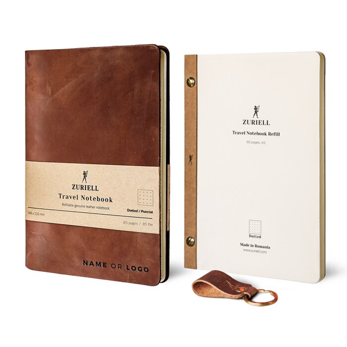 Set Agenda Din Piele Maro, Zuriell Starter A5, Personalizata, Reutilizabila, 1 Rezerva, 1 Breloc - Punctat