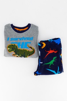 Original Marines, Pijama din material fleece cu imprimeu cu dinozauri, Gri inchis melange/verde neon/albastru Original Marines, Pijama din material fleece cu imprimeu cu dinozauri, Gri inchis melange/verde neon/albastru