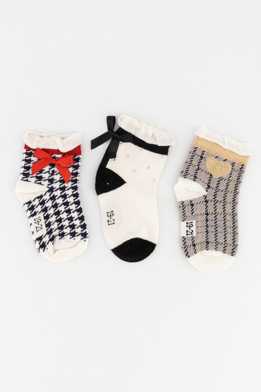 Original Marines, Set de sosete cu funde si strasuri - 3 perechi, Alb/Negru