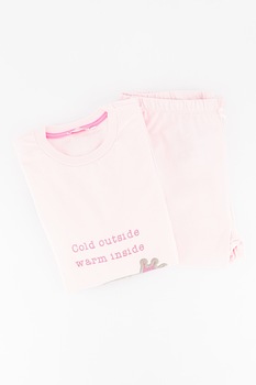 Original Marines, Pijama cu maneci lungi si aplicatie decorativa, Roz pastel/gri inchis Original Marines, Pijama cu maneci lungi si aplicatie decorativa, Roz pastel/gri inchis