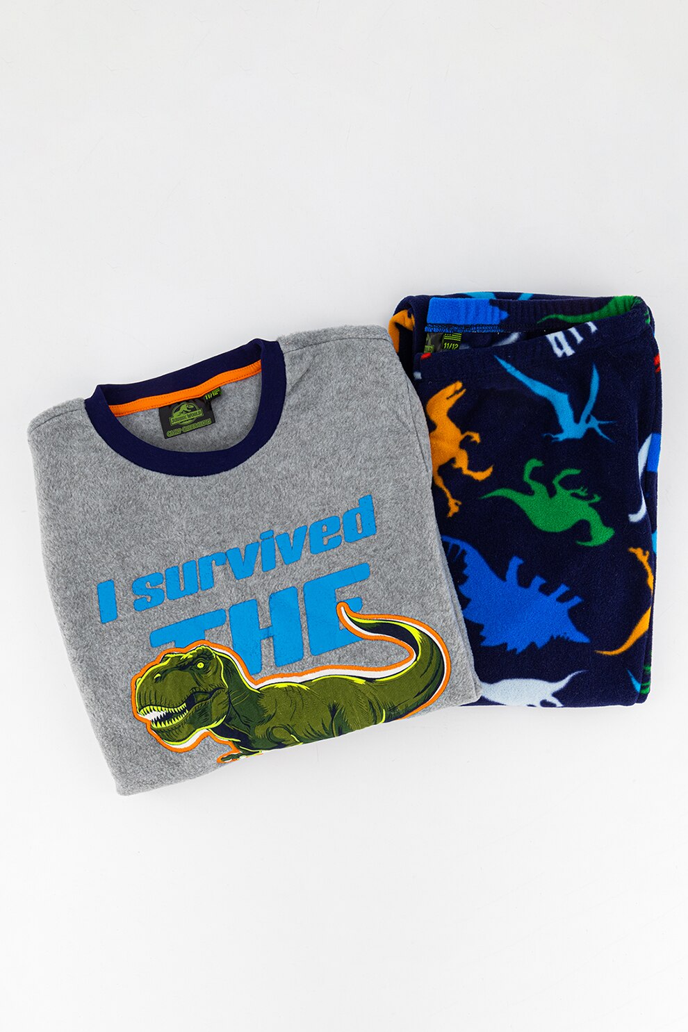 Original Marines, Pijama din material fleece cu imprimeu cu dinozauri, Gri melange/verde neon/albastru, 152 CM