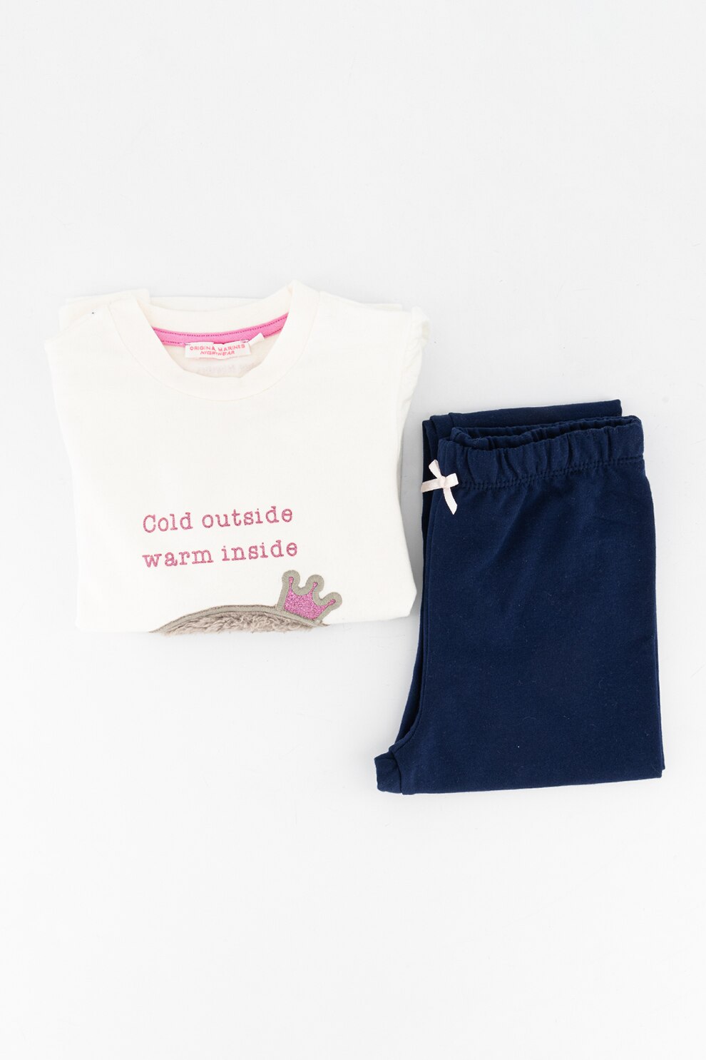 Original Marines, Pijama cu maneci lungi si aplicatie decorativa, Alb/Bleumarin