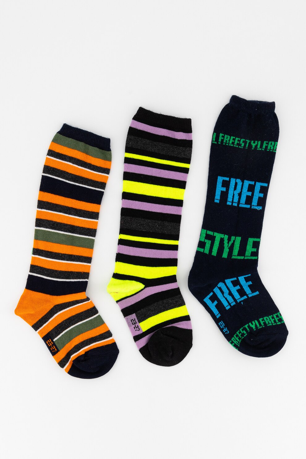 Original Marines, Set de sosete lungi cu model in dungi si text - 3 perechi, Bleumarin inchis/Oranj mandarina, 37-39 EU