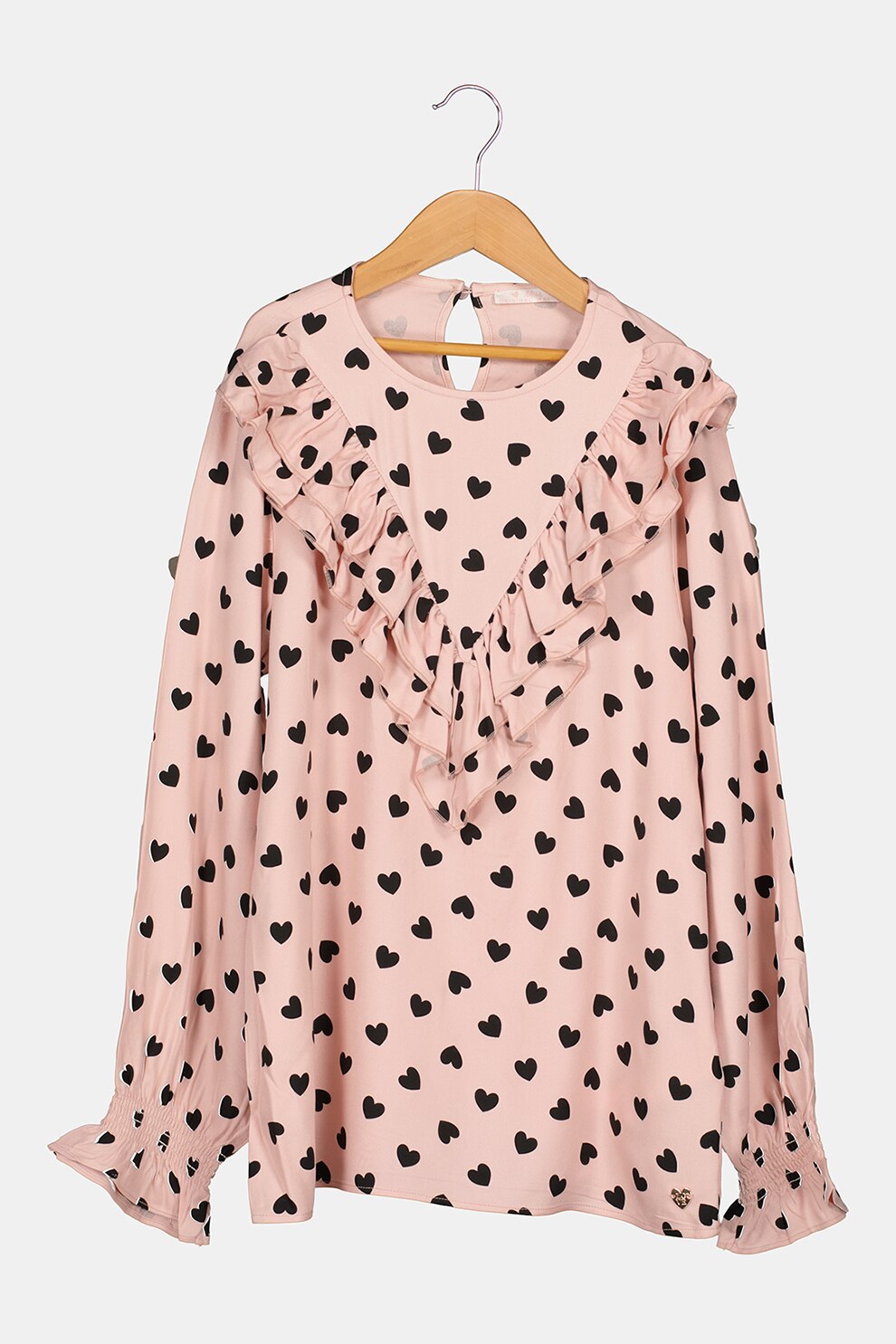 Original Marines, Bluza cu imprimeu cu inima si volane, Roz prafuit/ Negru