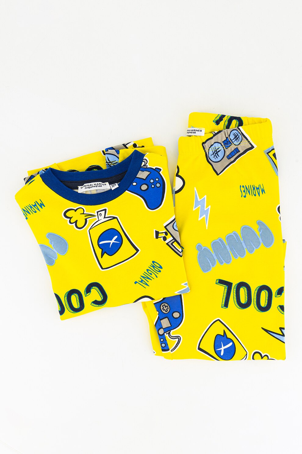Original Marines, Pijama lunga cu imprimeu, Galben/Bleumarin/Alb