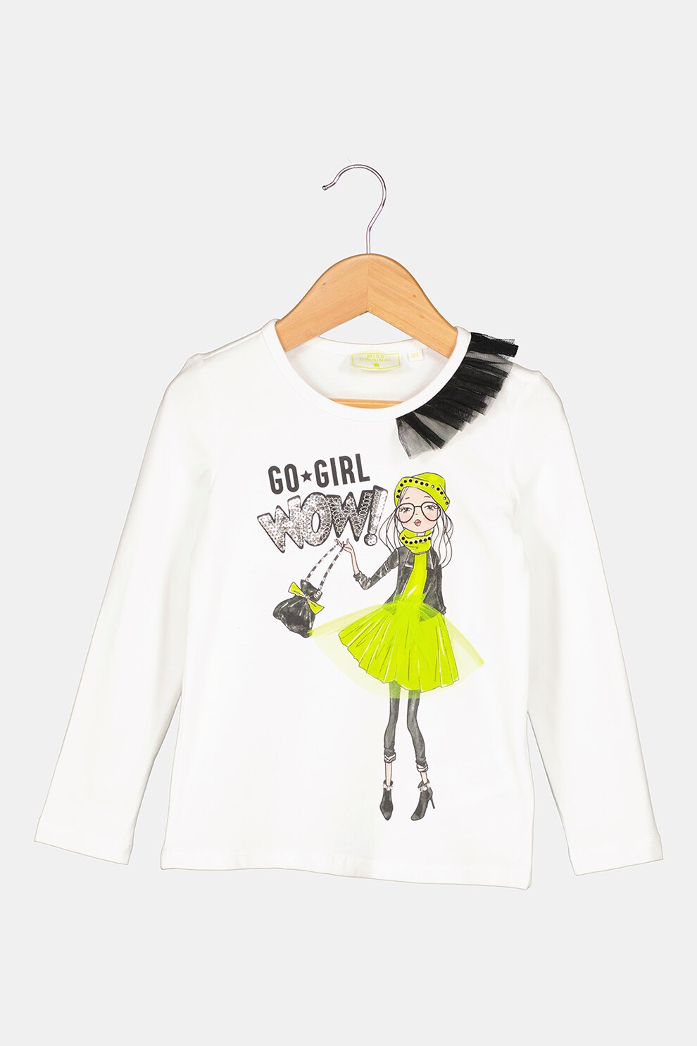 Original Marines, Bluza cu model grafic si aplicatii din tul, Alb/Verde neon, 104 CM