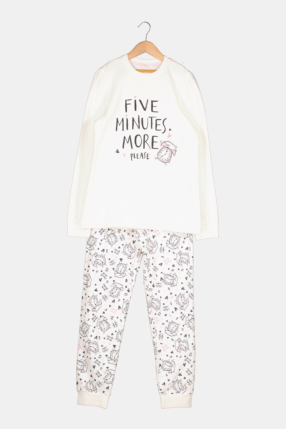 Original Marines, Pijama lunga cu imprimeu, Alb stins/Negru/Roz, 152 CM