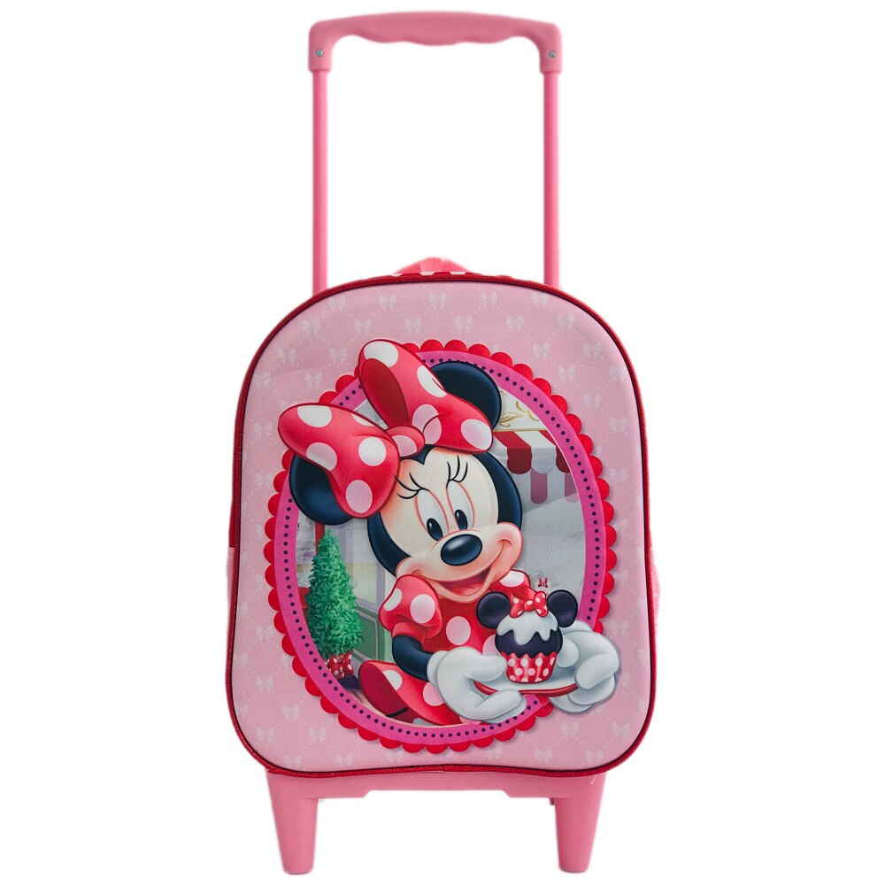 Troler 3D Minnie, 1 compartiment mare cu fermoar, 1 buzunar lateral, 2 roti de silicon, 2 bretele reglabile,marime 38.5 x 28.5 x 18cm