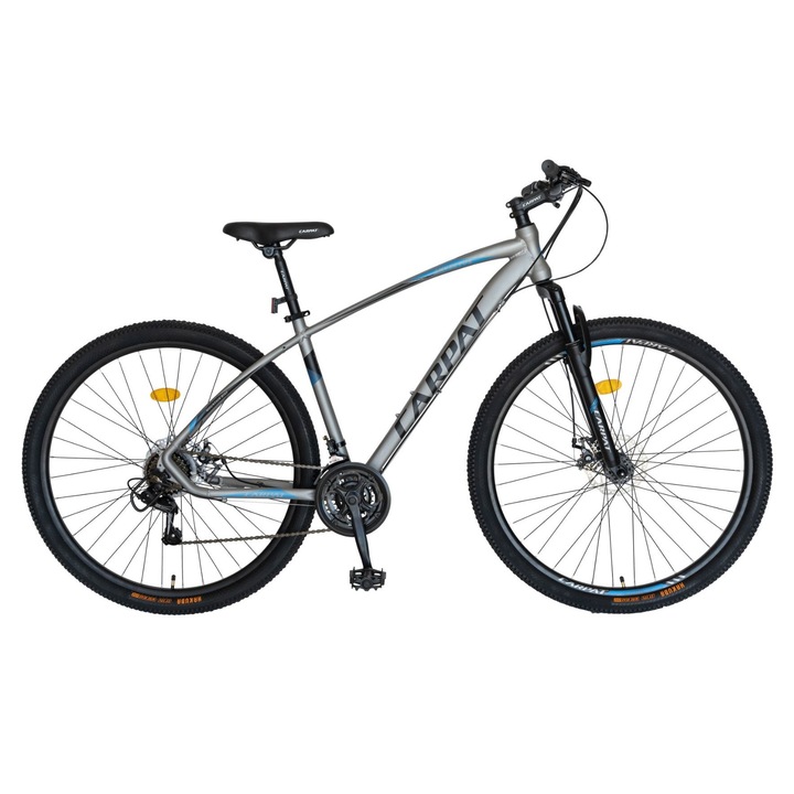Велосипед MTB-Hardtail, Shimano Tourney TY-300, 21 скорости, алуминиева рамка, колела 27,5 инча, дискови спирачки, килим CSC27/57C, сив със син/черен дизайн