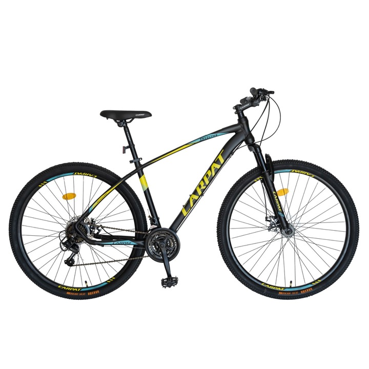 Велосипед MTB-Hardtail, Shimano Tourney TY-300, 21 скорости, алуминиева рамка, колела 27,5 инча, дискови спирачки, мокет CSC27/57C, черен с жълт дизайн