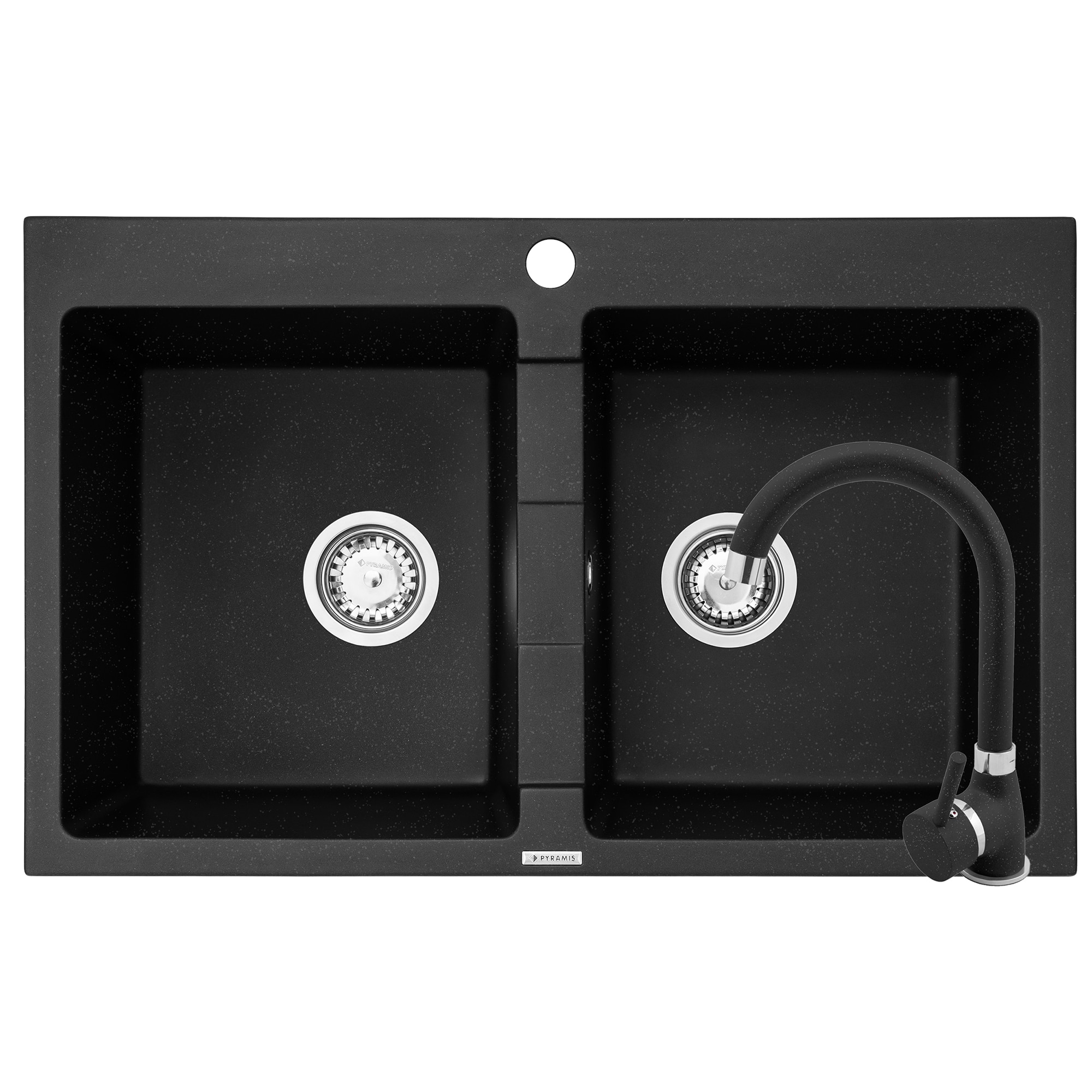 Pachet chiuveta granit Pyramis Bellissima Star + Baterie, 780x500 mm, 2 cuve egale, montare pe blat, Black
