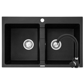 Pachet chiuveta granit Pyramis Bellissima Star + Baterie, 780x500 mm, 2 cuve egale, montare pe blat, Black Pachet chiuveta granit Pyramis Bellissima Star + Baterie, 780x500 mm, 2 cuve egale, montare pe blat, Black
