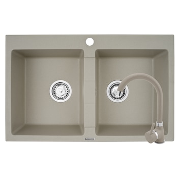 Pachet chiuveta granit Pyramis Bellissima Star + Baterie, 780x500 mm, 2 cuve egale, montare pe blat, Sand Beige Pachet chiuveta granit Pyramis Bellissima Star + Baterie, 780x500 mm, 2 cuve egale, montare pe blat, Sand Beige