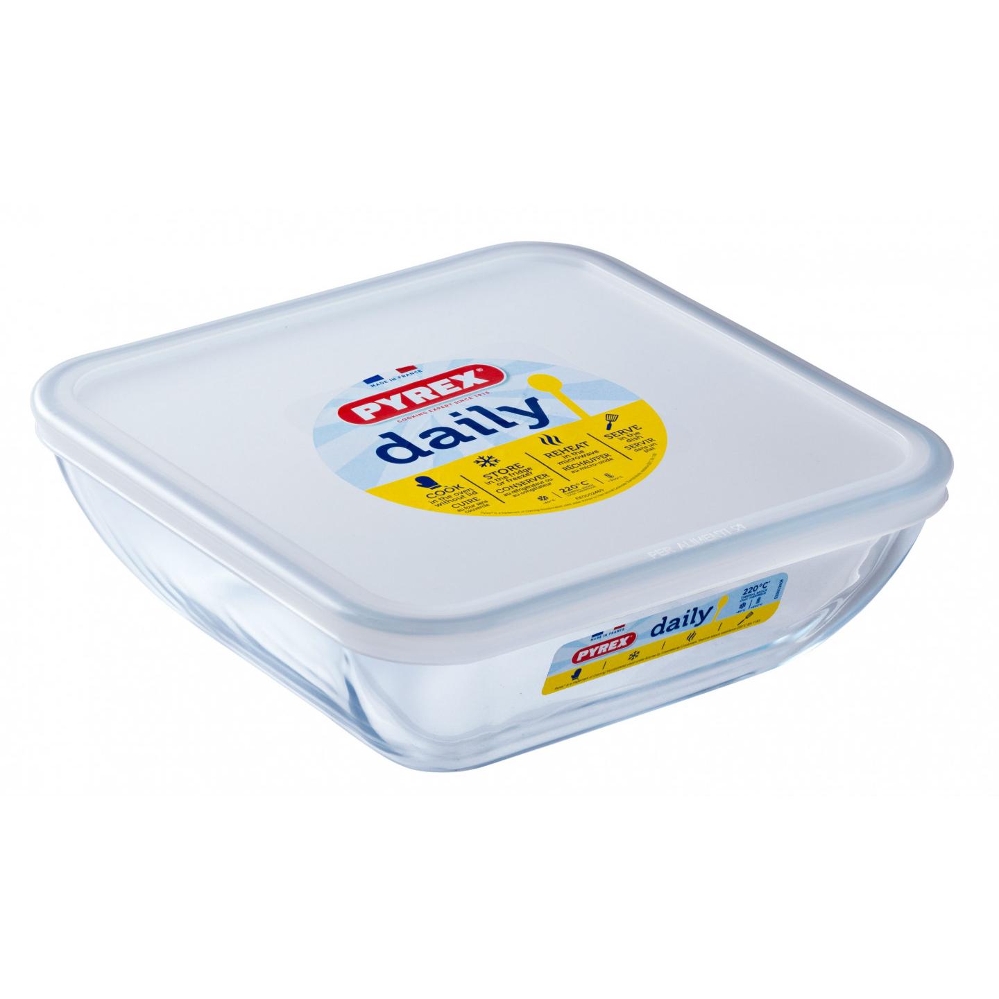 Vas patrat cu capac Daily, Pyrex, sticla termorezistenta, alb, 2 litri, Pyrex
