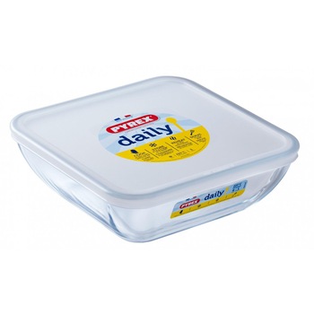 Vas patrat cu capac Daily, Pyrex, sticla termorezistenta, alb, 2 litri, Pyrex Vas patrat cu capac Daily, Pyrex, sticla termorezistenta, alb, 2 litri, Pyrex