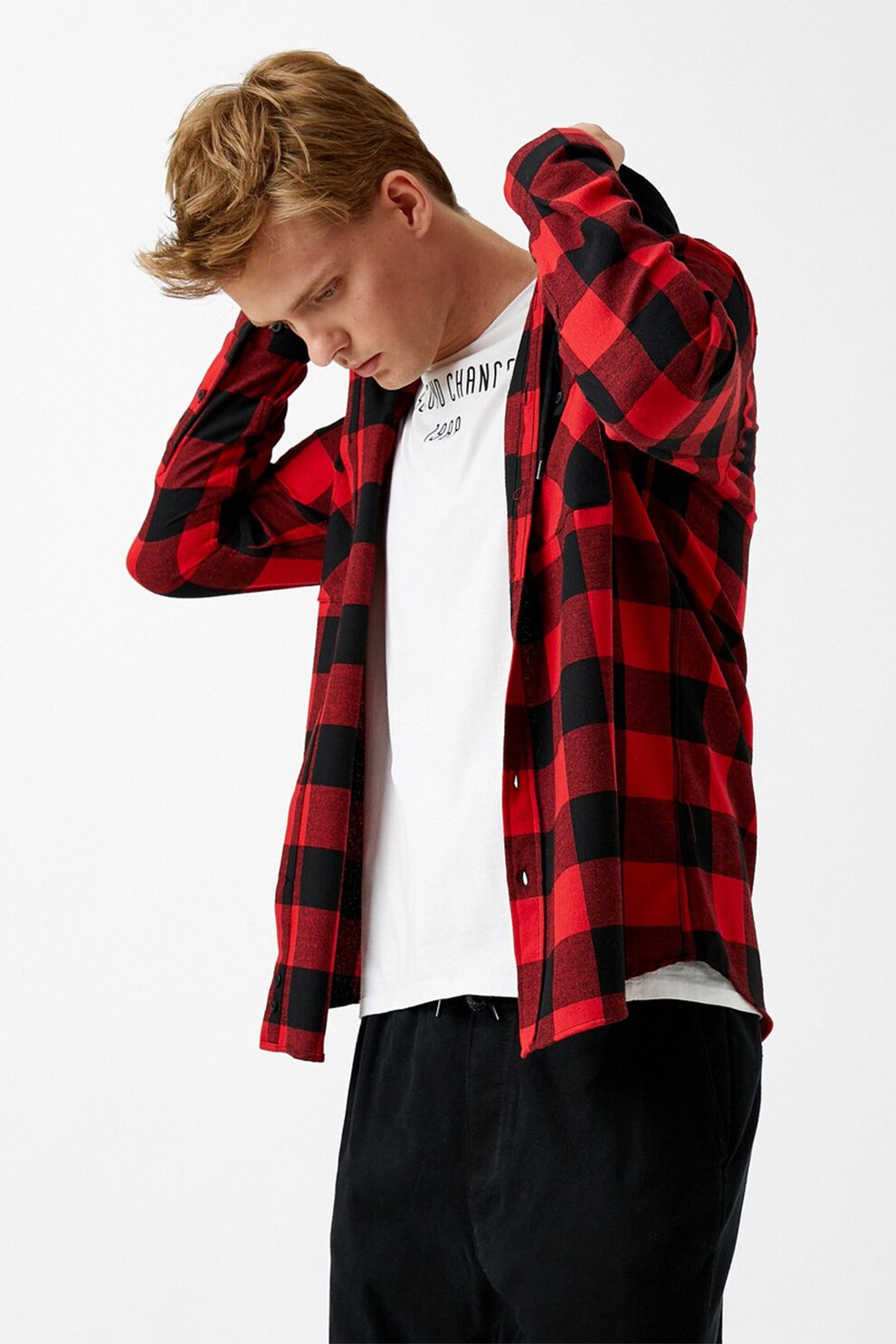 KOTON, Jacheta-camasa cu model in carouri si gluga, Rosu/Negru