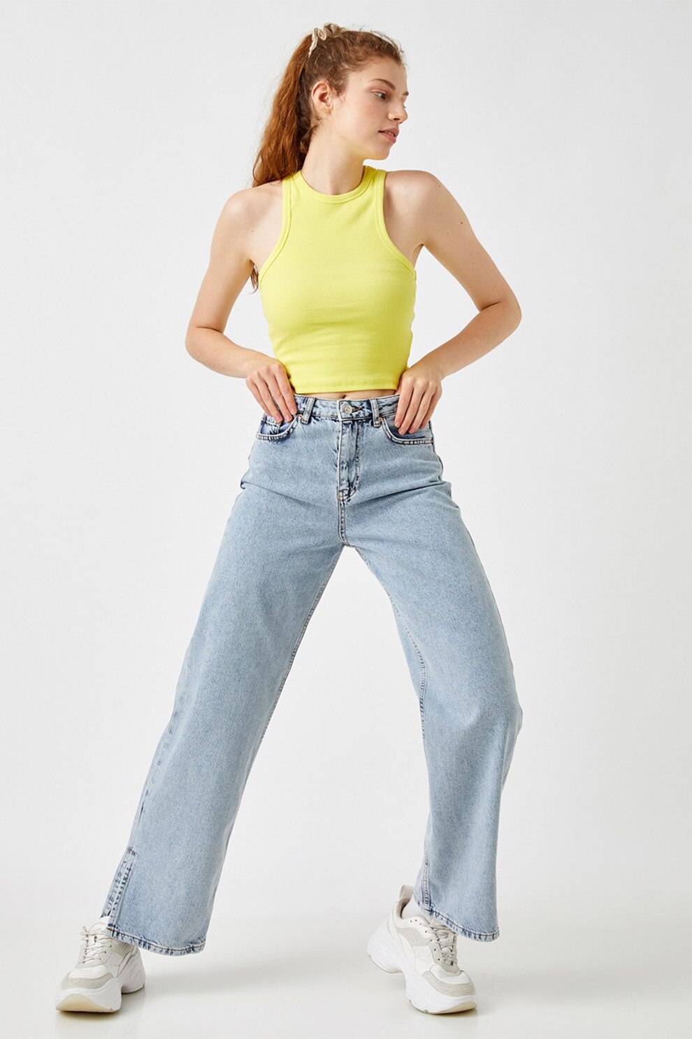 KOTON, Blugi cu croiala ampla si slituri laterale, Albastru deschis