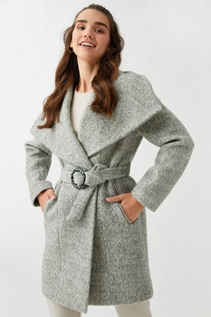 KOTON, Palton din amestec de lana cu o curea, Gri melange, 2XL KOTON, Palton din amestec de lana cu o curea, Gri melange, 2XL