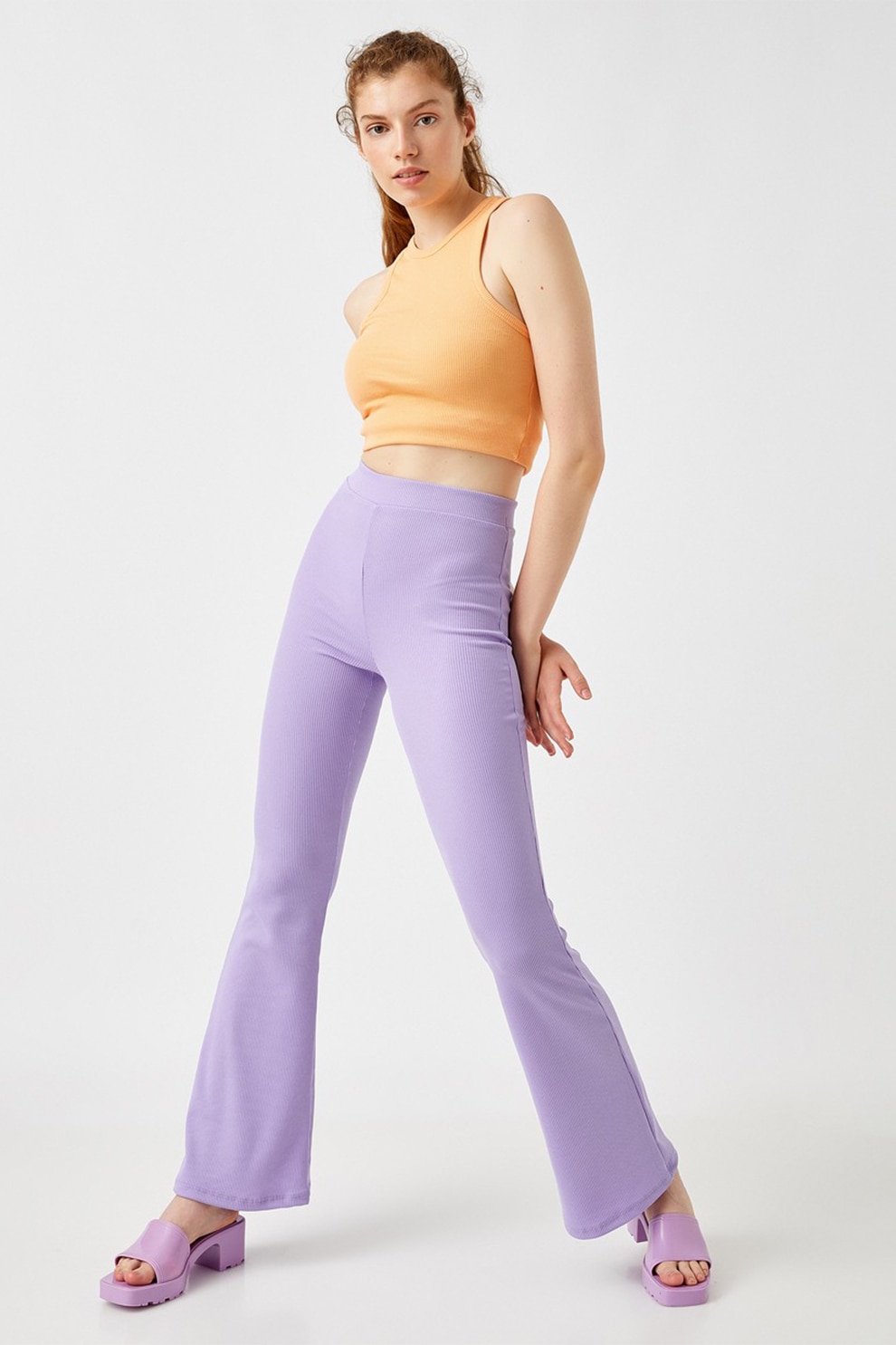 KOTON, Pantaloni bootcut cu talie inalta si aspect striat, Lila