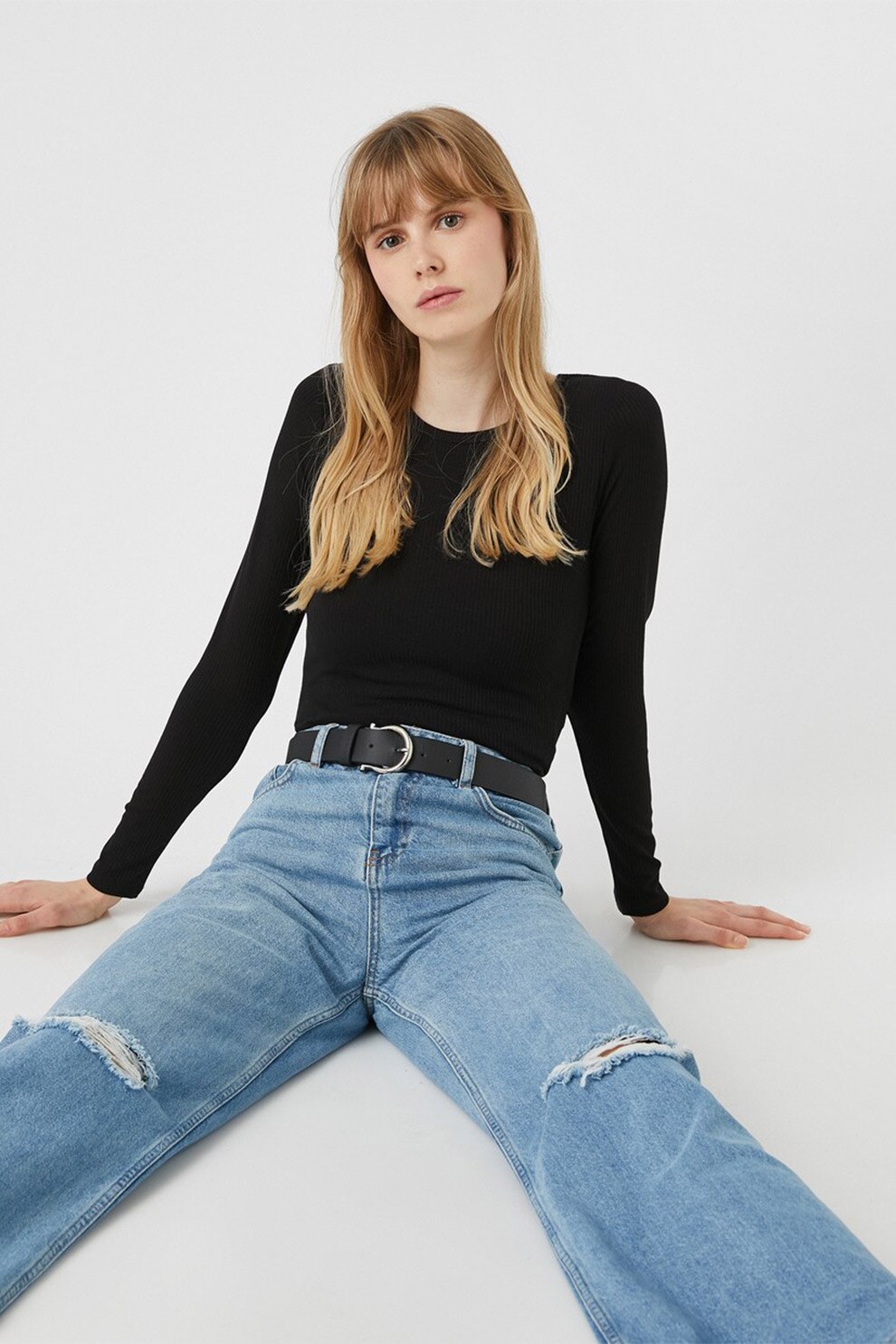 KOTON, Bluza cu striatii si decolteu rotund, Negru