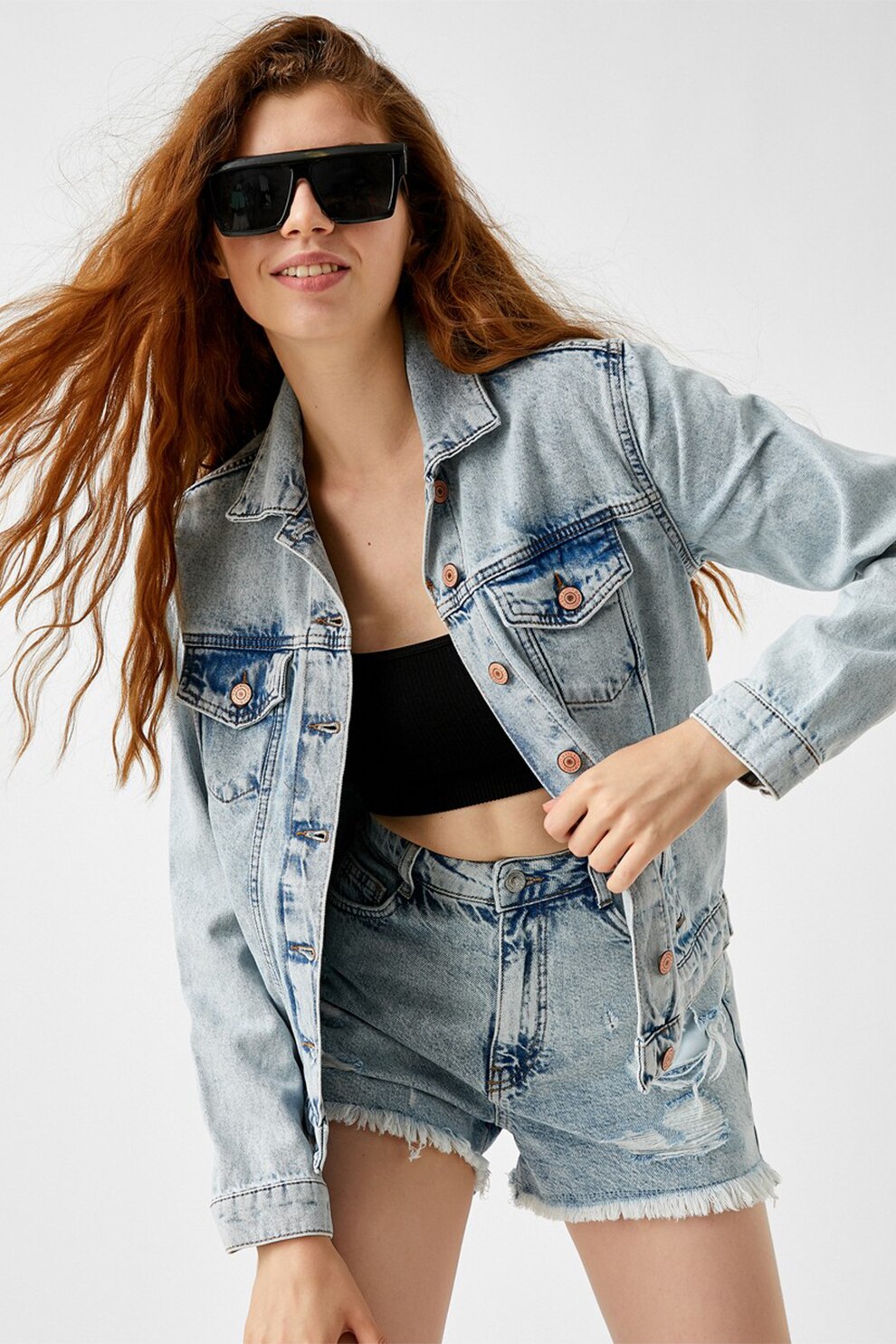 KOTON, Jacheta de denim cu aspect decolorat, Albastru deschis