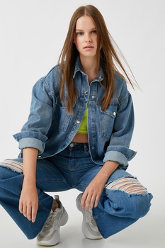 KOTON, Jacheta lejera de denim cu buzunare aplicate pe piept, Albastru KOTON, Jacheta lejera de denim cu buzunare aplicate pe piept, Albastru
