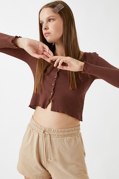 KOTON, Cardigan crop slim-fit cu aspect texturat, Maro inchis KOTON, Cardigan crop slim-fit cu aspect texturat, Maro inchis