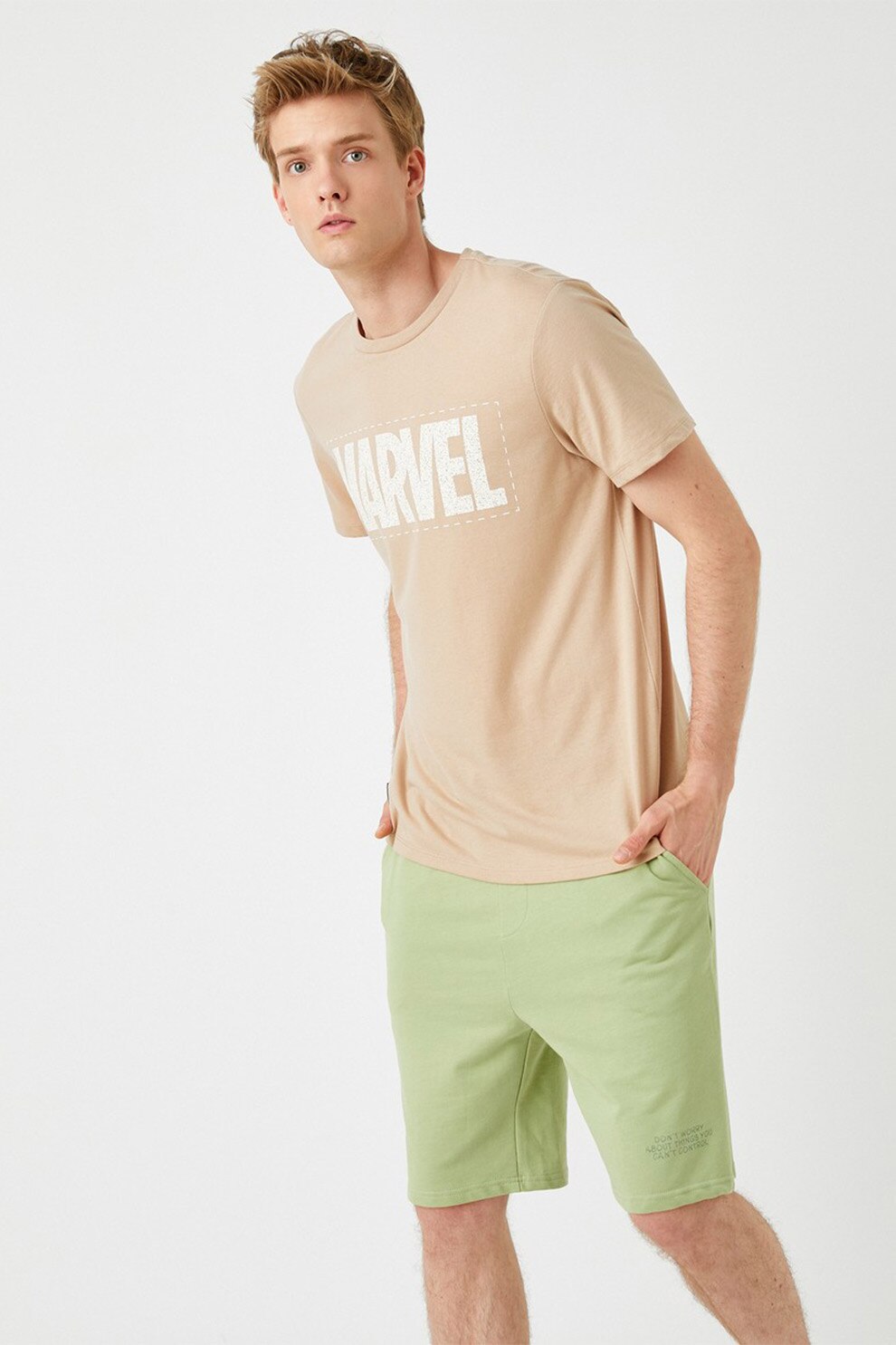KOTON, Tricou cu decolteu rotund si imprimeu text, Maro nisip