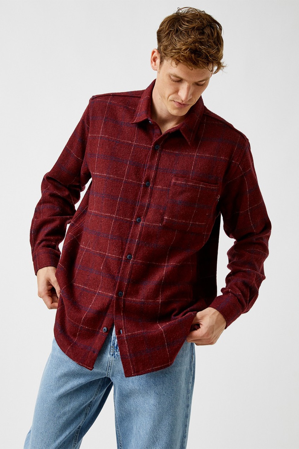 KOTON, Camasa relaxed fit in carouri cu buzunar pe piept, Rosu inchis