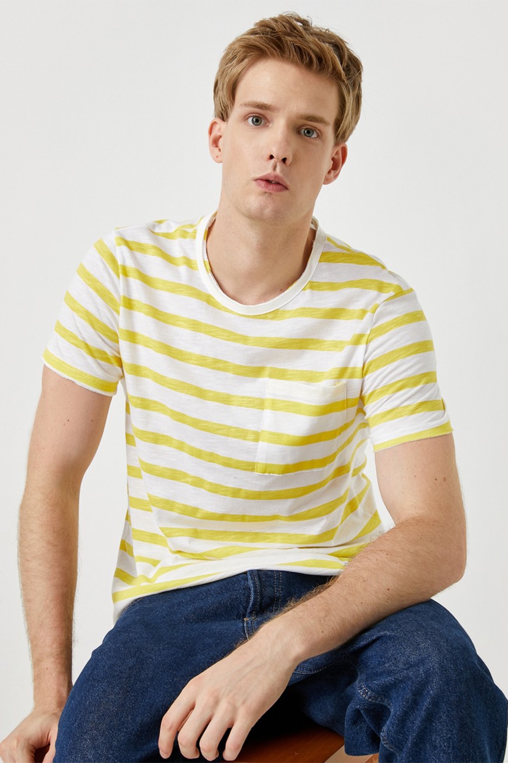 KOTON, Tricou de bumbac cu model cu dungi, Alb/Galben