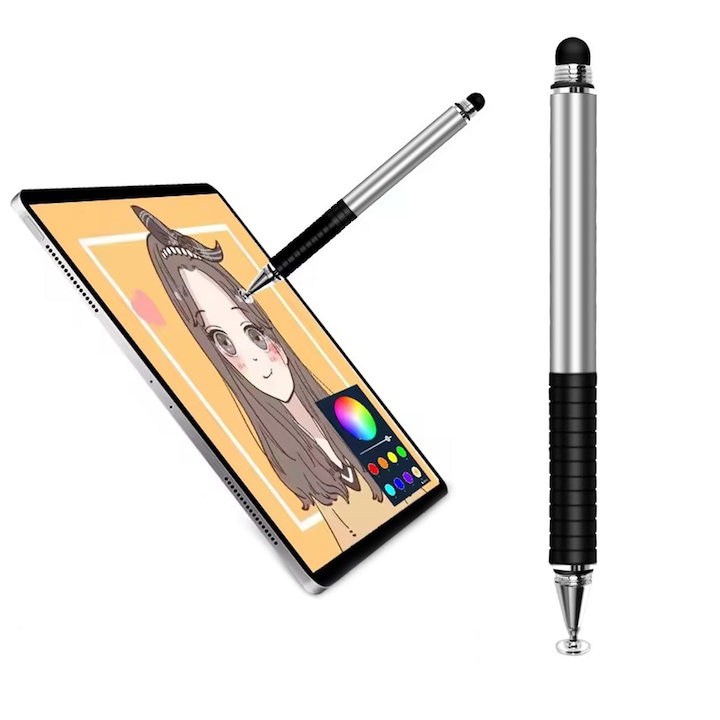 Stylus Pen Universal, NUODWELL, Creion pentru tablete si telefoane cu ecrane capacitive, Ergonomic, Cu functie palm rejection, Precizie si sensibilitate ridicate, Argintiu