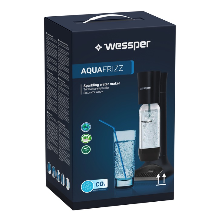 Aparat pentru bauturi carbogazoase, Wessper AquaFrizz, 2 sticle si butelie CO2 incluse