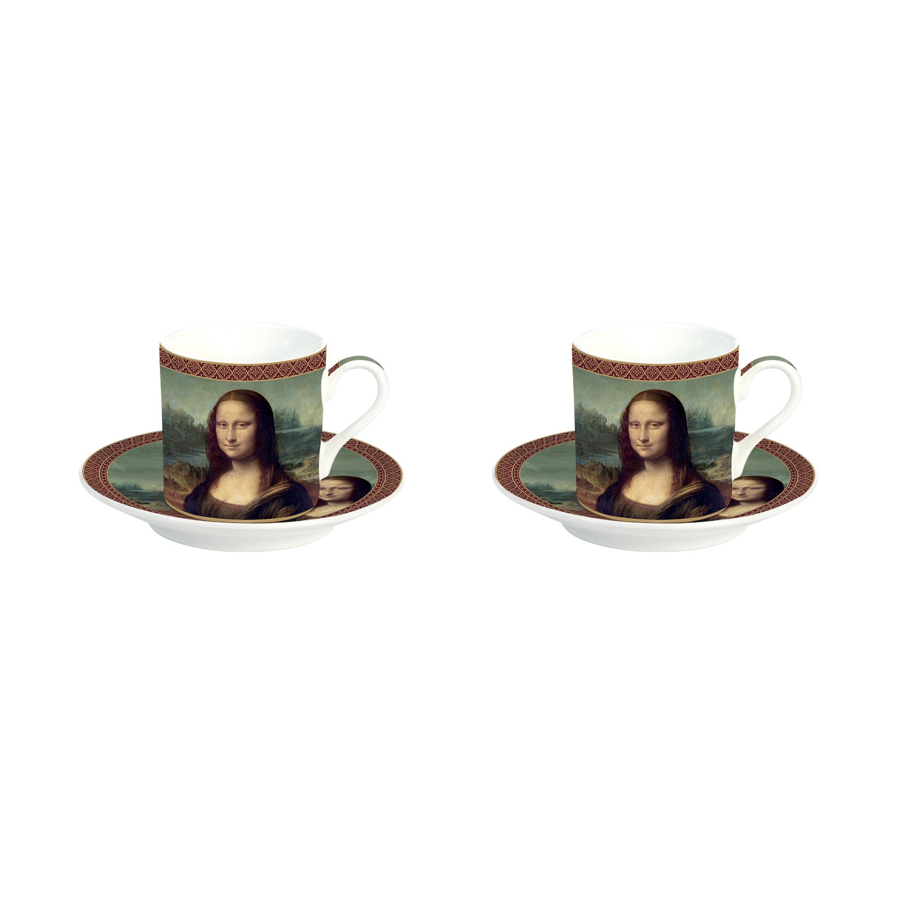 Set 2 cesti de cafea cu farfurie - The Mona Lisa, Portelan, 75 ml, Maro