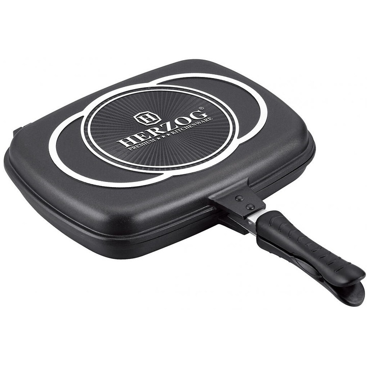 Двоен тиган, незалепващо покритие, 34 см, ергономични дръжки, магнитни дръжки, устойчивост на високи температури, лесно почистване, черен