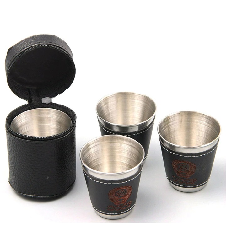 CRT Premium kempingpohár készlet, 4 db, tároló tokkal, Rozsdamentes acél, 70 ml