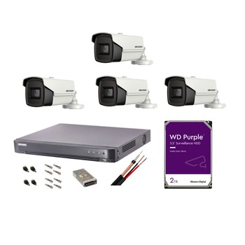 Sistem complet de supraveghere profesional Hikvision Turbo HD, inregistrare 4K / 8 Mp, 4 camere IR 60 m, HDD 2 Tb, 100 m cablu CCTV,vizualizare pe telefon Sistem complet de supraveghere profesional Hikvision Turbo HD, inregistrare 4K / 8 Mp, 4 camere IR 60 m, HDD 2 Tb, 100 m cablu CCTV,vizualizare pe telefon