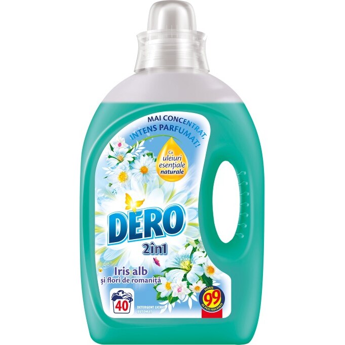 Detergent lichid Dero 2in1 Iris Alb si Flori de Romanita, 40 spalari, 2L