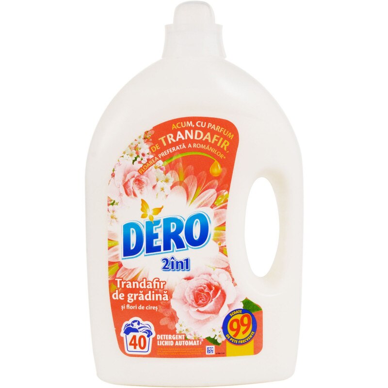 Detergent lichid Dero 2in1 Trandafir de Gradina si Flori de Cires, 40 spalari, 2L