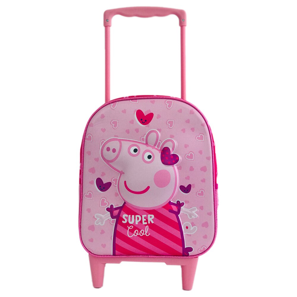 Troller 3D Peppa Pig, 1 compartiment mare cu fermoar, 1 buzunar lateral, 2 roti de silicon, 2 bretele reglabile,marime 38.5 x 28.5 x 18cm