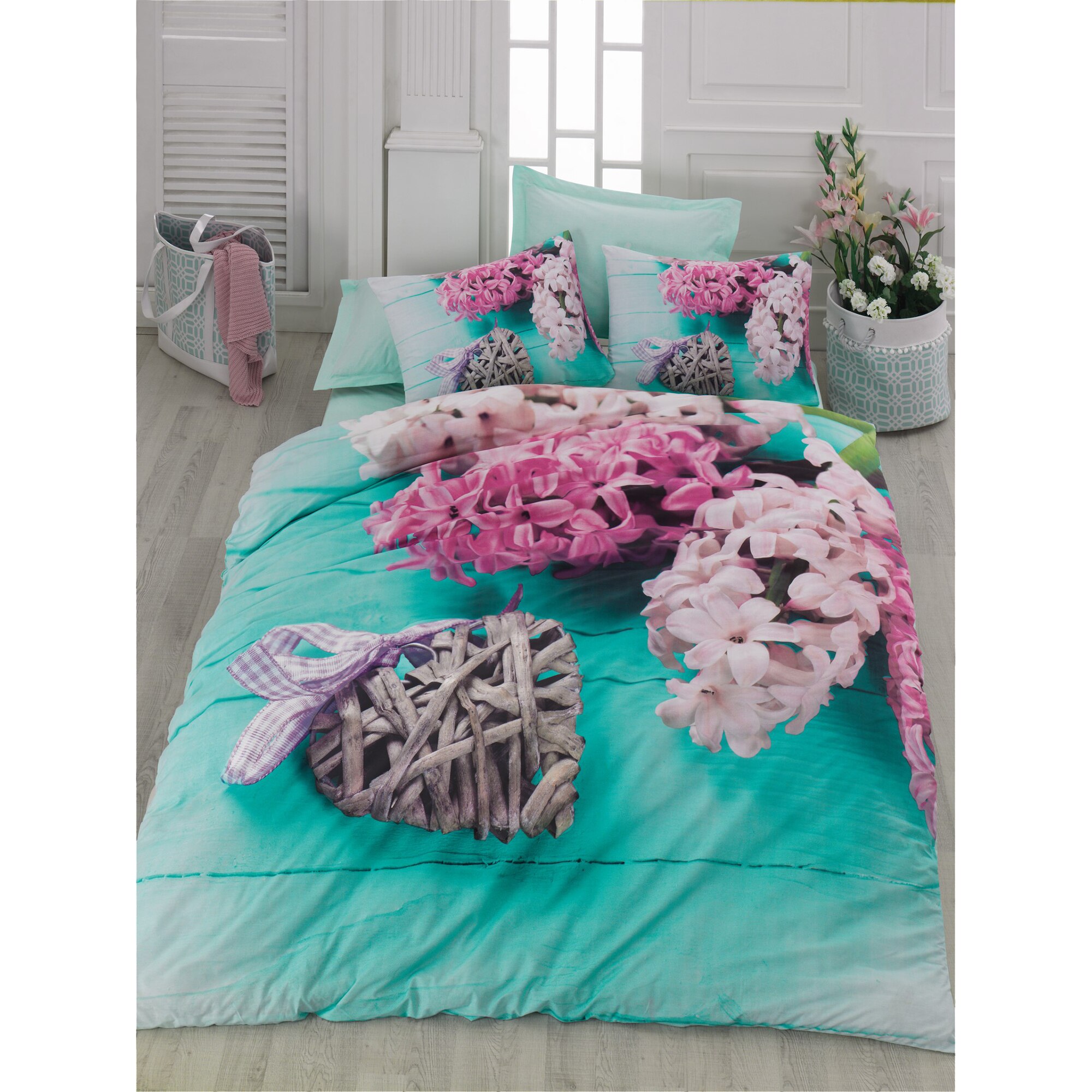 Lenjerie de pat pentru doua persoane Flora Cotton Box, bumbac ranforce