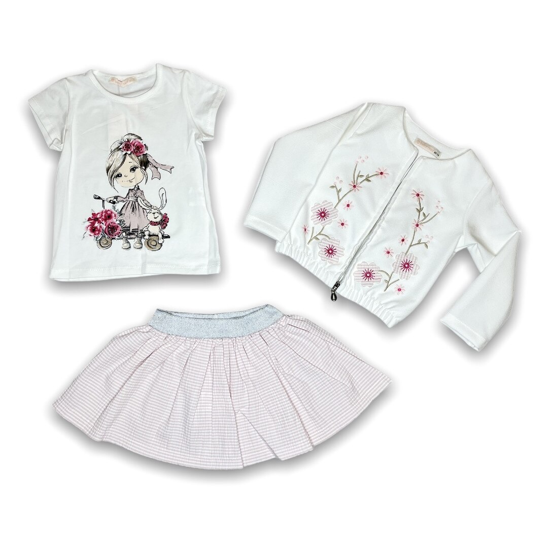 Compleu 3 piese bumbac fete, alb roz, Alb / Roz